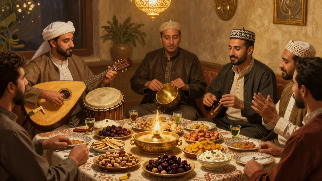 A warm and festive Middle Eastern gathering scene, featuring...