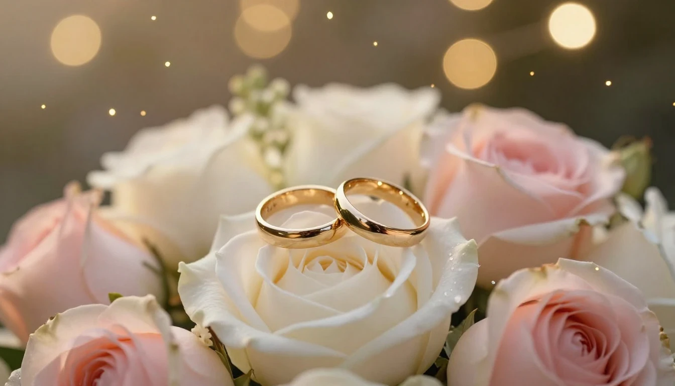 A cinematic close-up shot of two golden wedding rings restin...