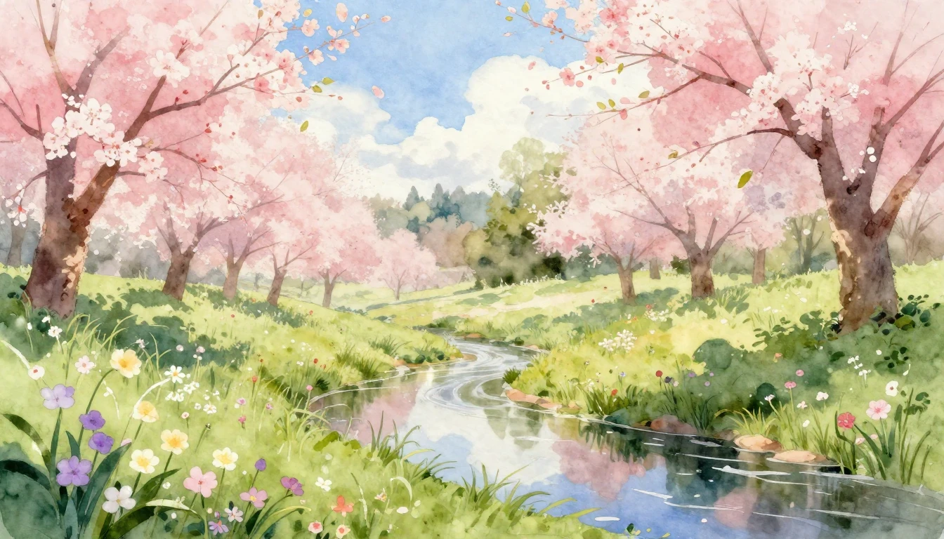 A beautiful watercolor painting of a lush spring meadow. Del...