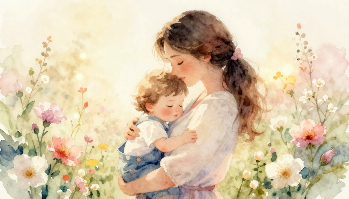 A beautiful warm watercolor painting of a mother tenderly em...