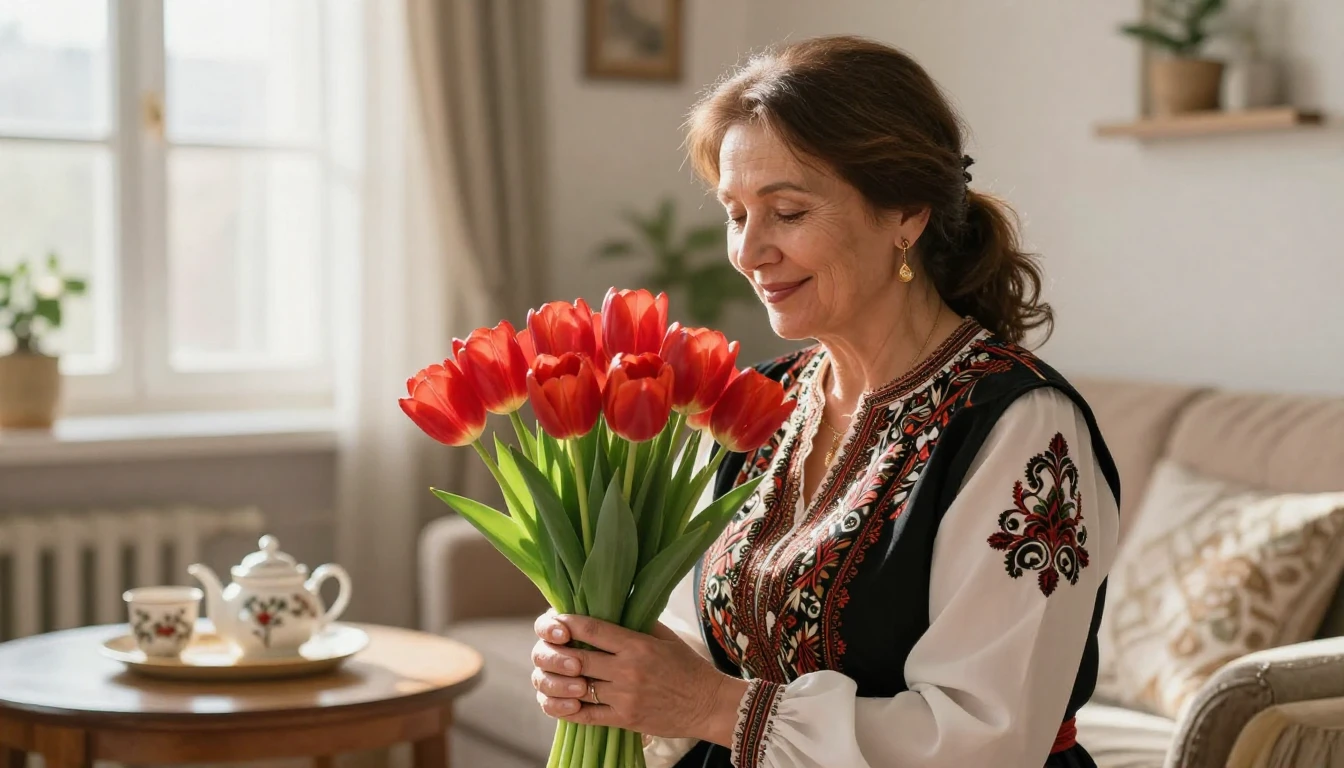 A heartwarming illustration of a middle-aged loving mother i...