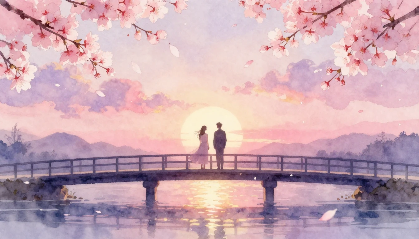 A beautiful watercolor painting of two silhouettes standing ...