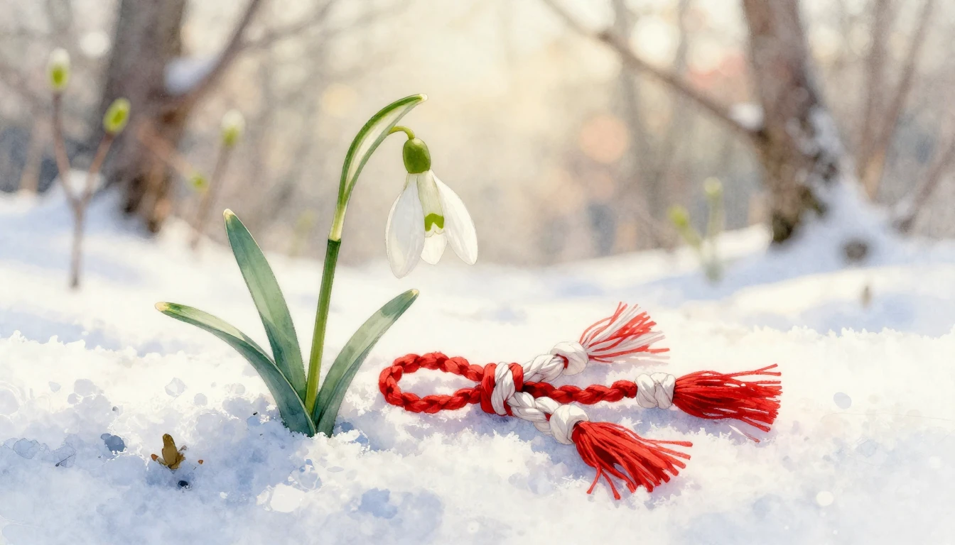 A delicate watercolor painting of a snowdrop flower emerging...
