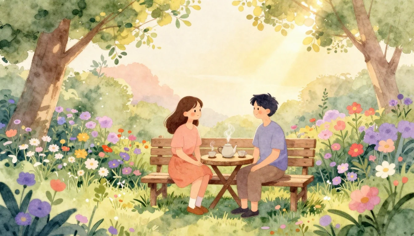 A warm and cozy watercolor illustration of two friends sitti...