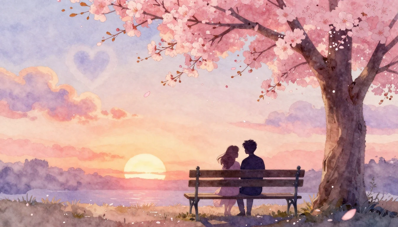 A soft, romantic scene depicted in a dreamy watercolor style...