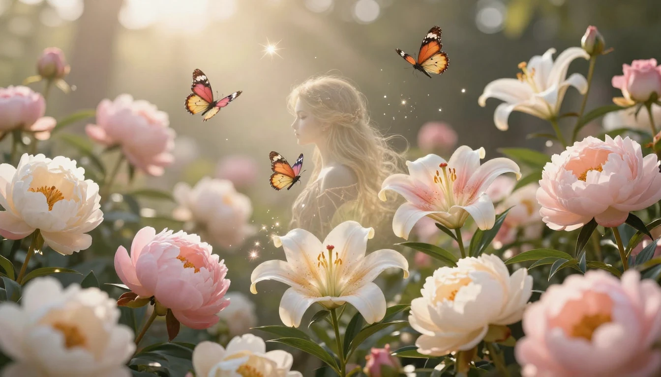 A breathtaking and lush garden filled with blooming peonies,...