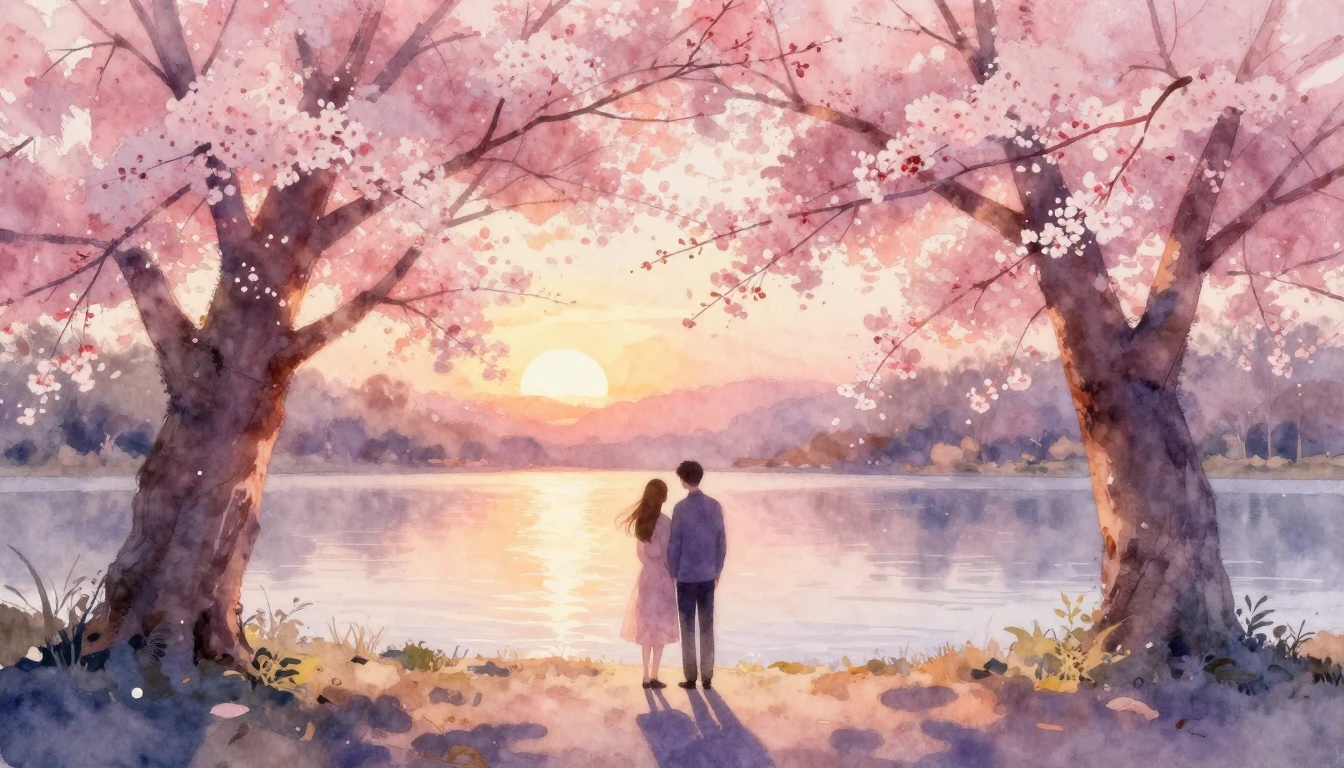 A dreamy and ethereal watercolor painting depicting two silh...