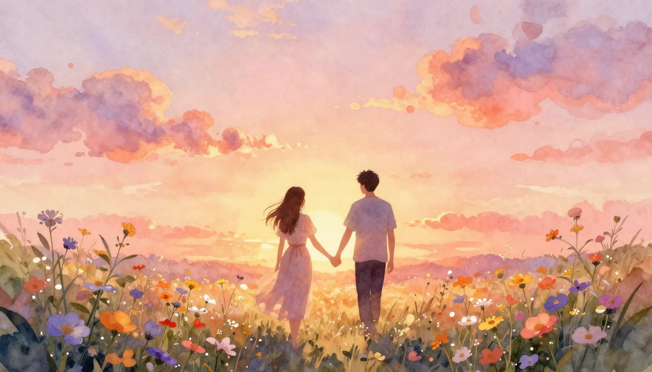 A soft and romantic watercolor painting depicting the silhou...