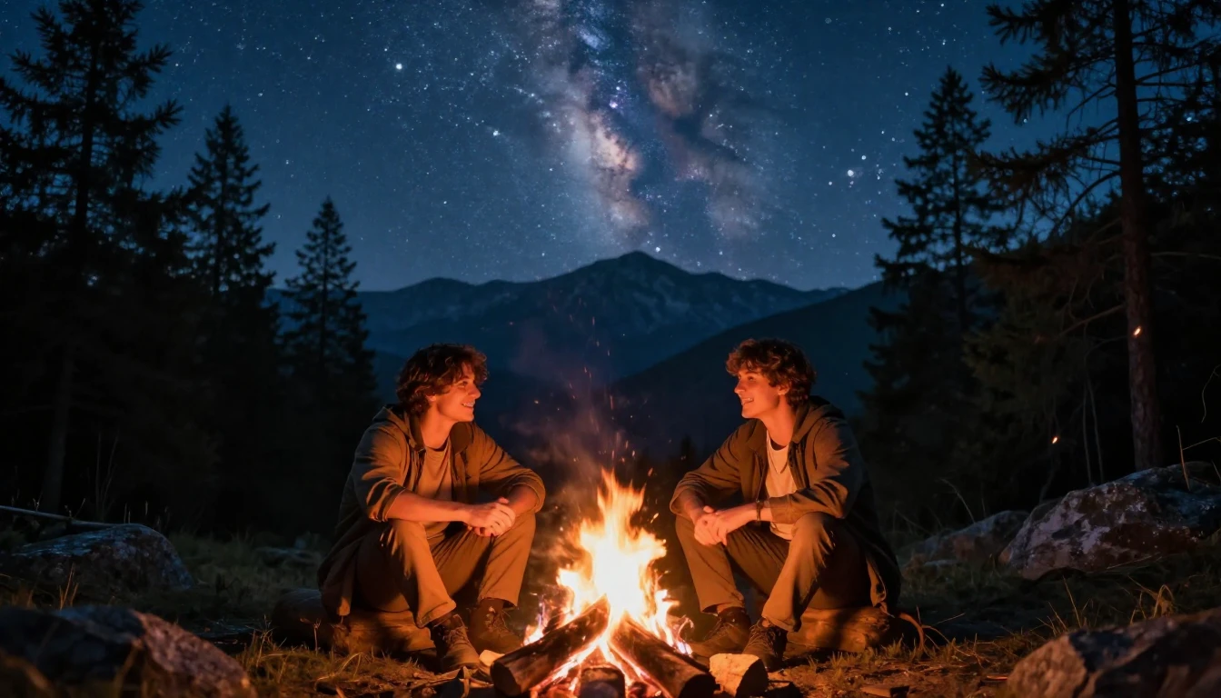 A cinematic wide shot of two best friends sitting by a glowi...