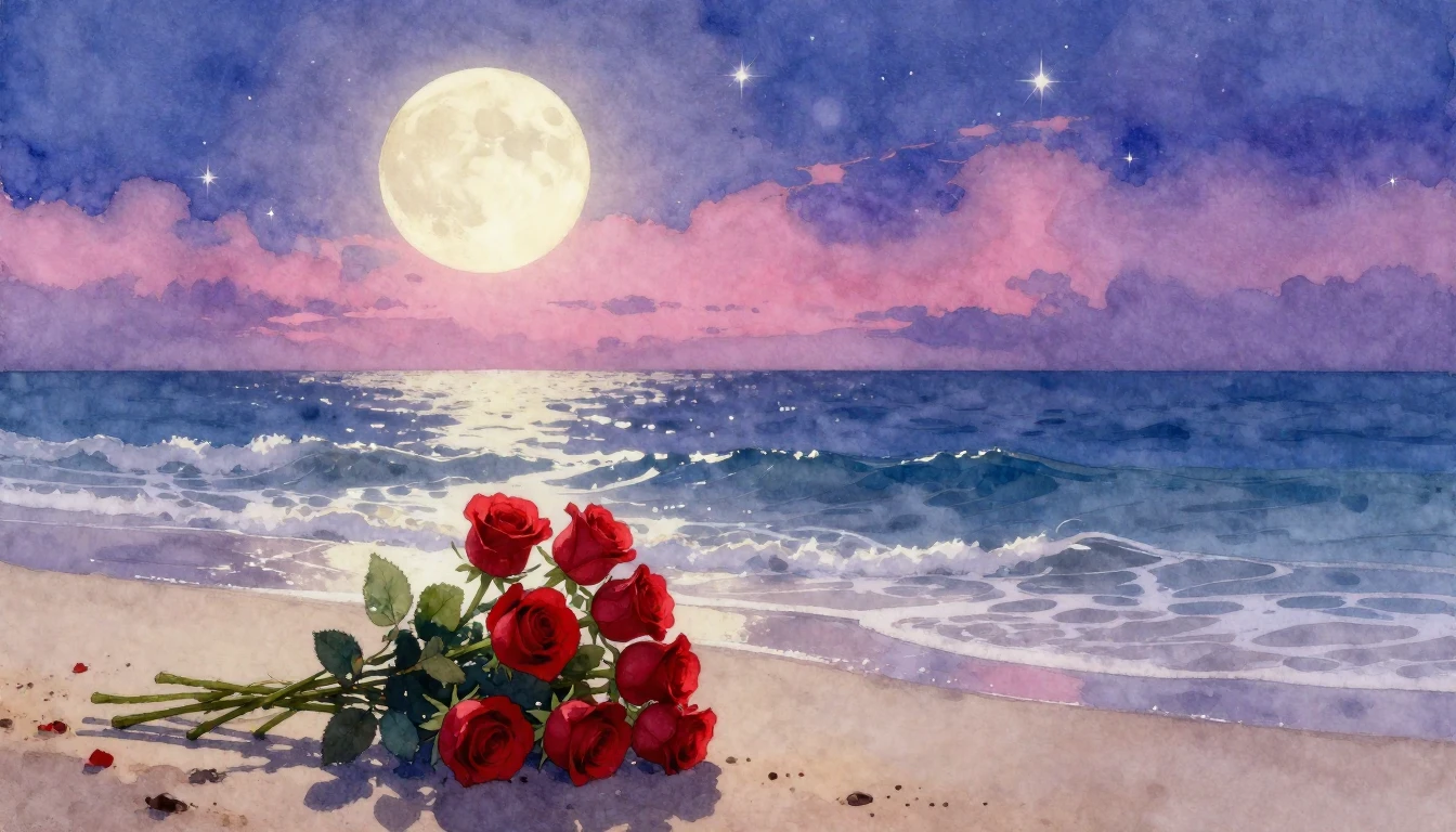 A soft and dreamy watercolor painting depicting a serene nig...