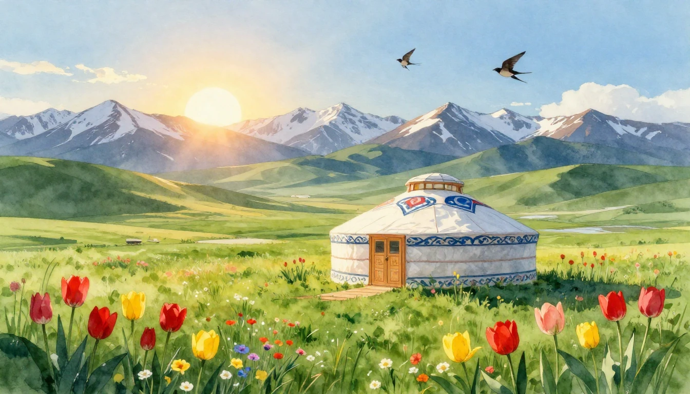 A breathtaking landscape of the Kazakh steppe during Nauryz,...