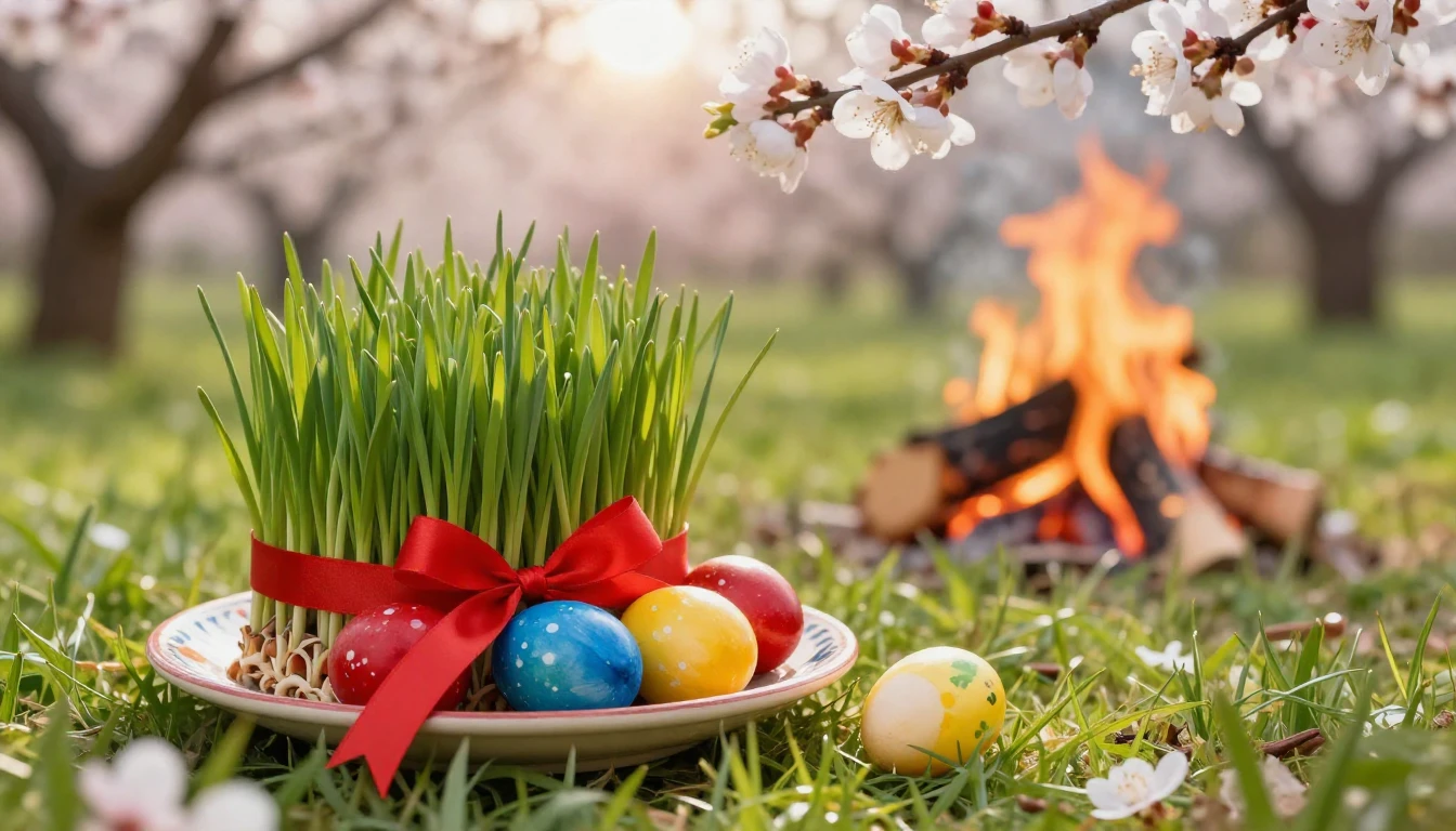 A festive spring still life set in a blooming meadow. Fresh ...
