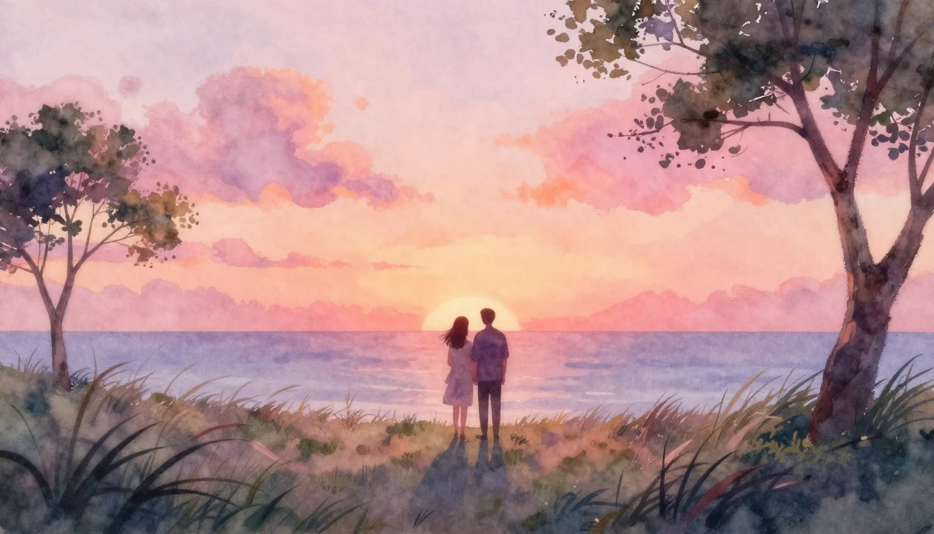 A soft, dreamy watercolor painting depicting two indistinct ...