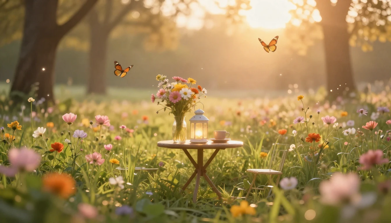 A dreamy and cozy scene featuring a golden sunrise over a lu...