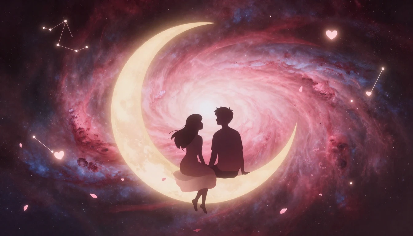 A warm, romantic illustration featuring two stylized, silhou...