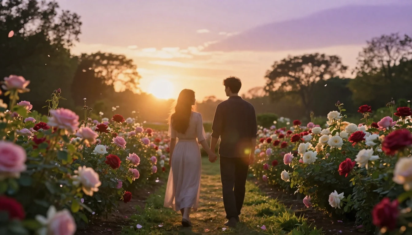 A romantic and serene scene in a lush garden during golden h...