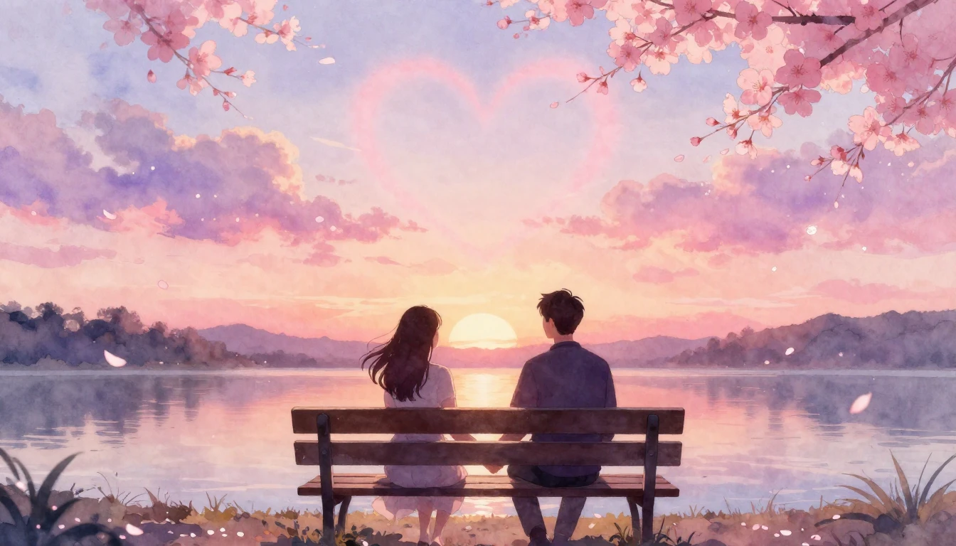 A romantic and dreamy watercolor painting depicting two silh...