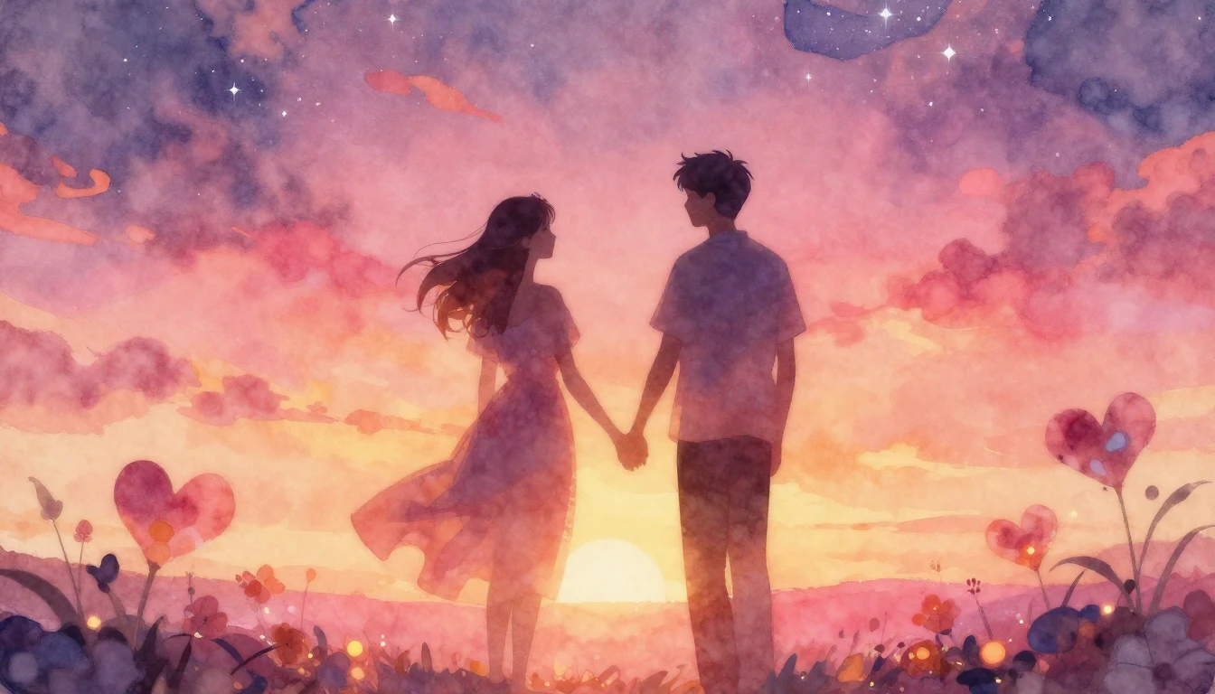 A dreamy and romantic composition depicting two silhouette f...