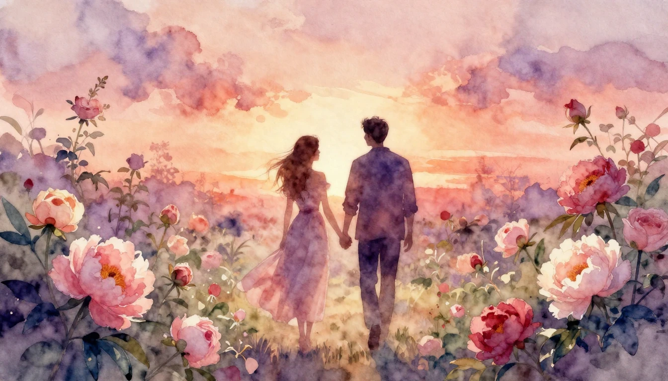 A romantic and ethereal watercolor painting depicting two si...