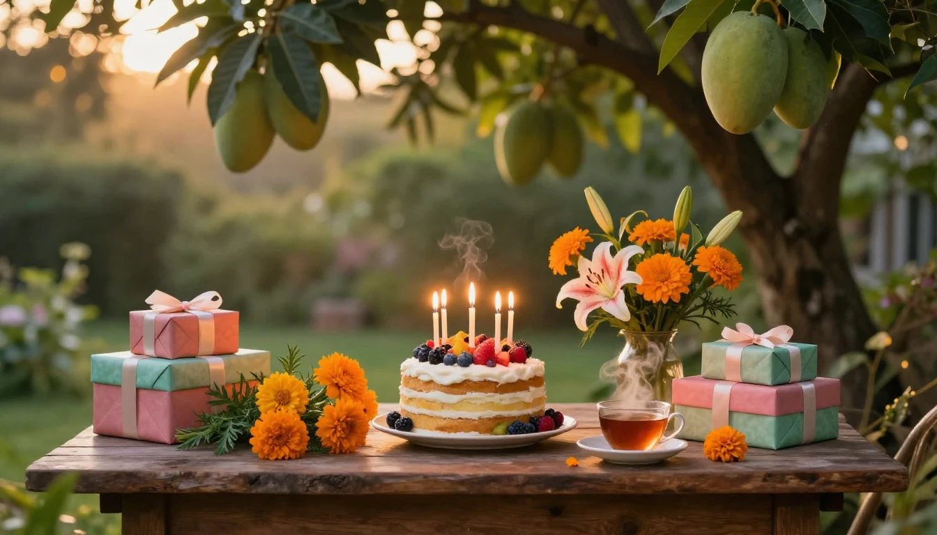 A warm and cozy birthday celebration scene set in a sun-dren...