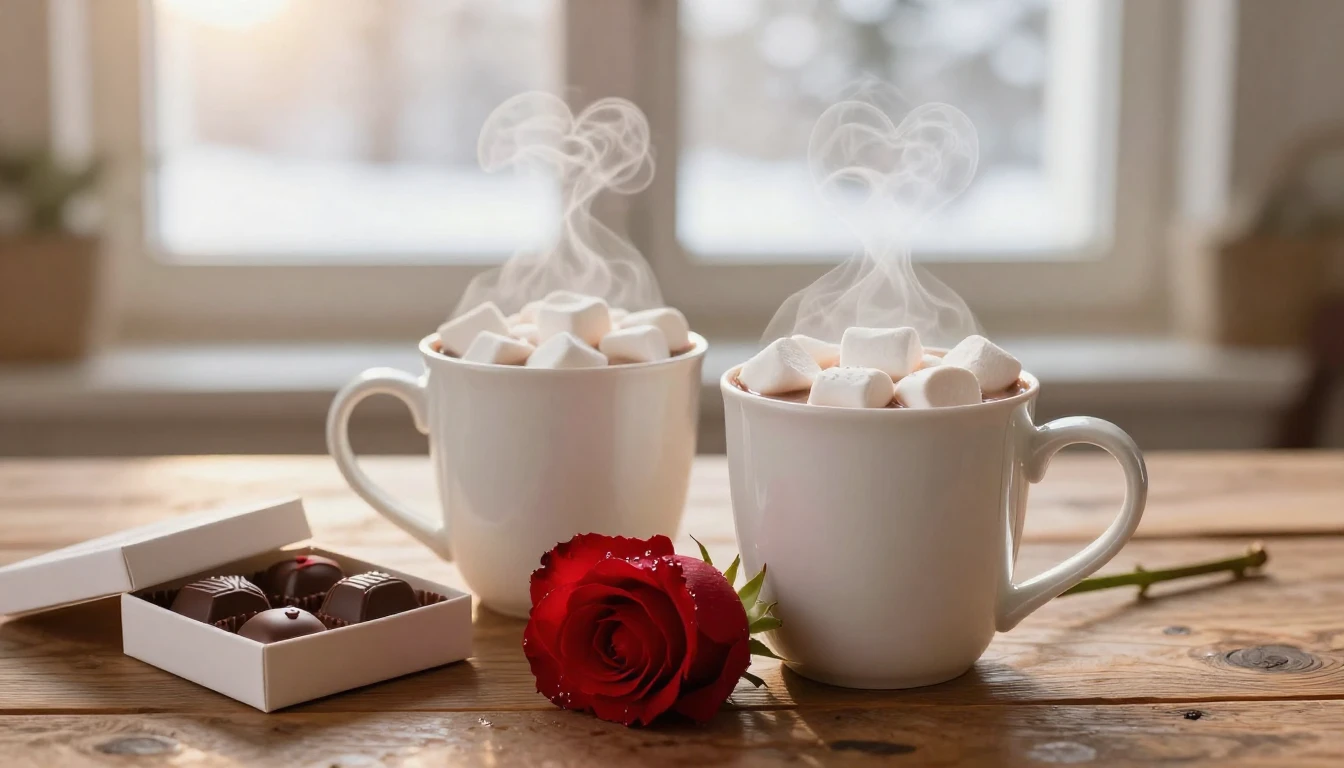 A warm and romantic Valentine's Day scene in a cozy, sunlit ...