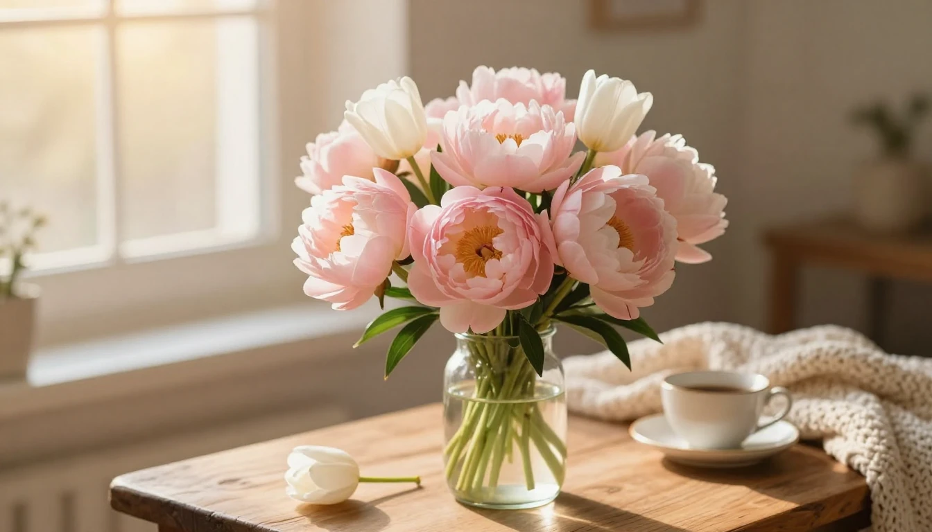 A heartwarming and cozy scene of a beautiful bouquet of deli...