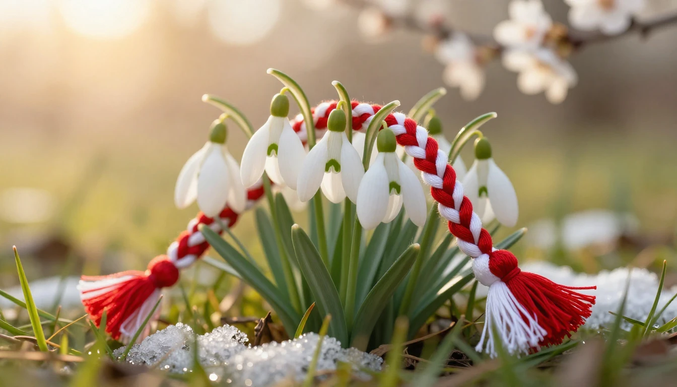 A delicate and artistic close-up of fresh white snowdrops em...