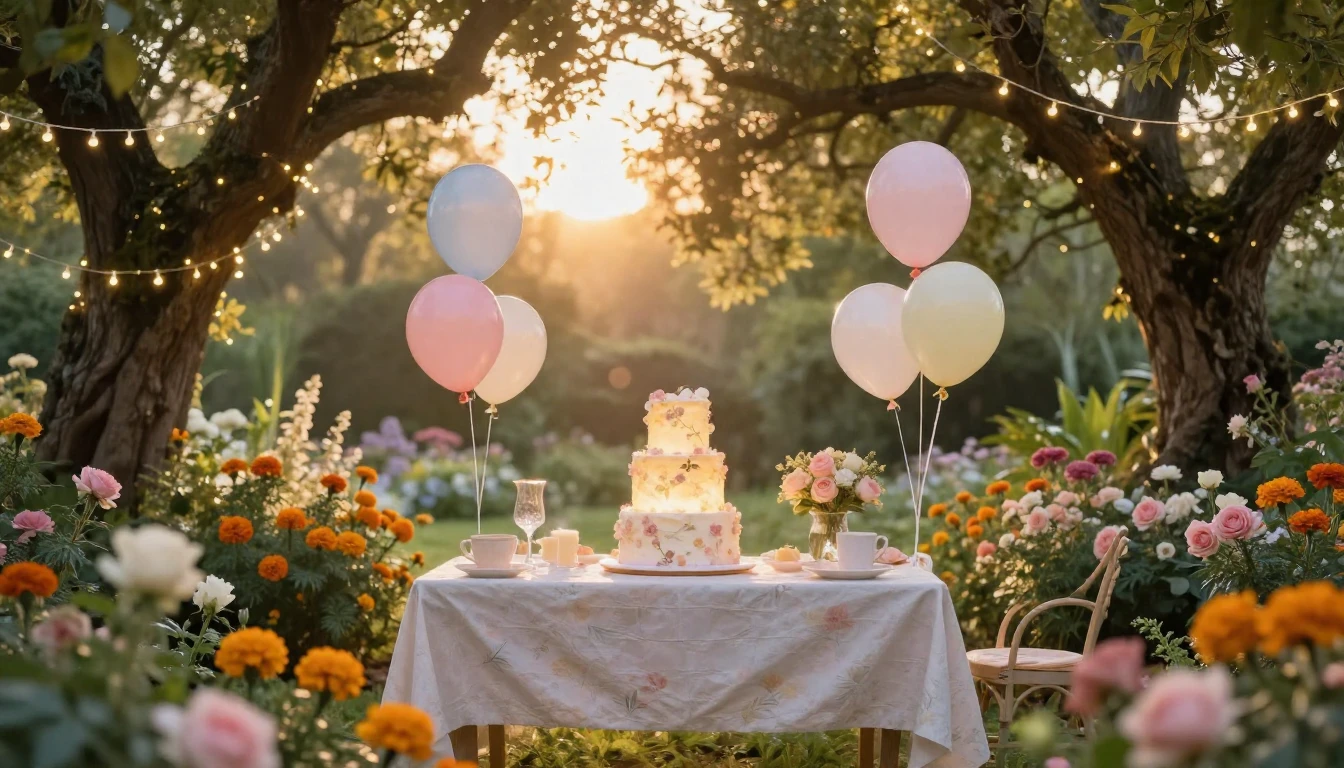 A magical and serene birthday-themed scene set in a lush, bl...