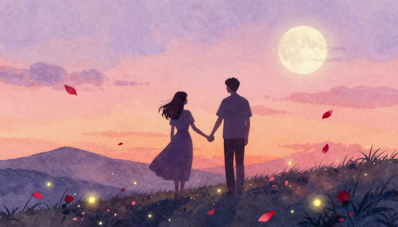 A romantic and dreamy watercolor painting featuring two silh...