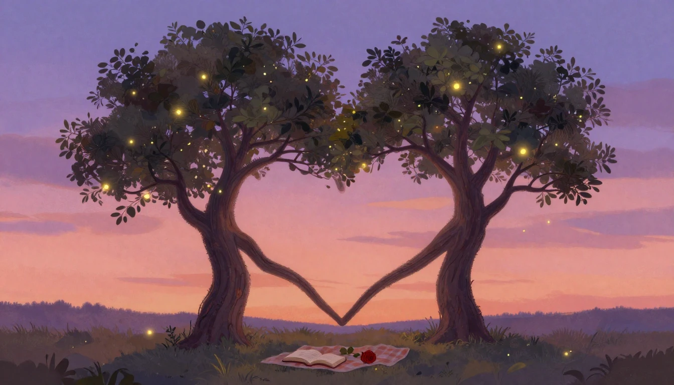 A romantic and whimsical illustration featuring two intertwi...