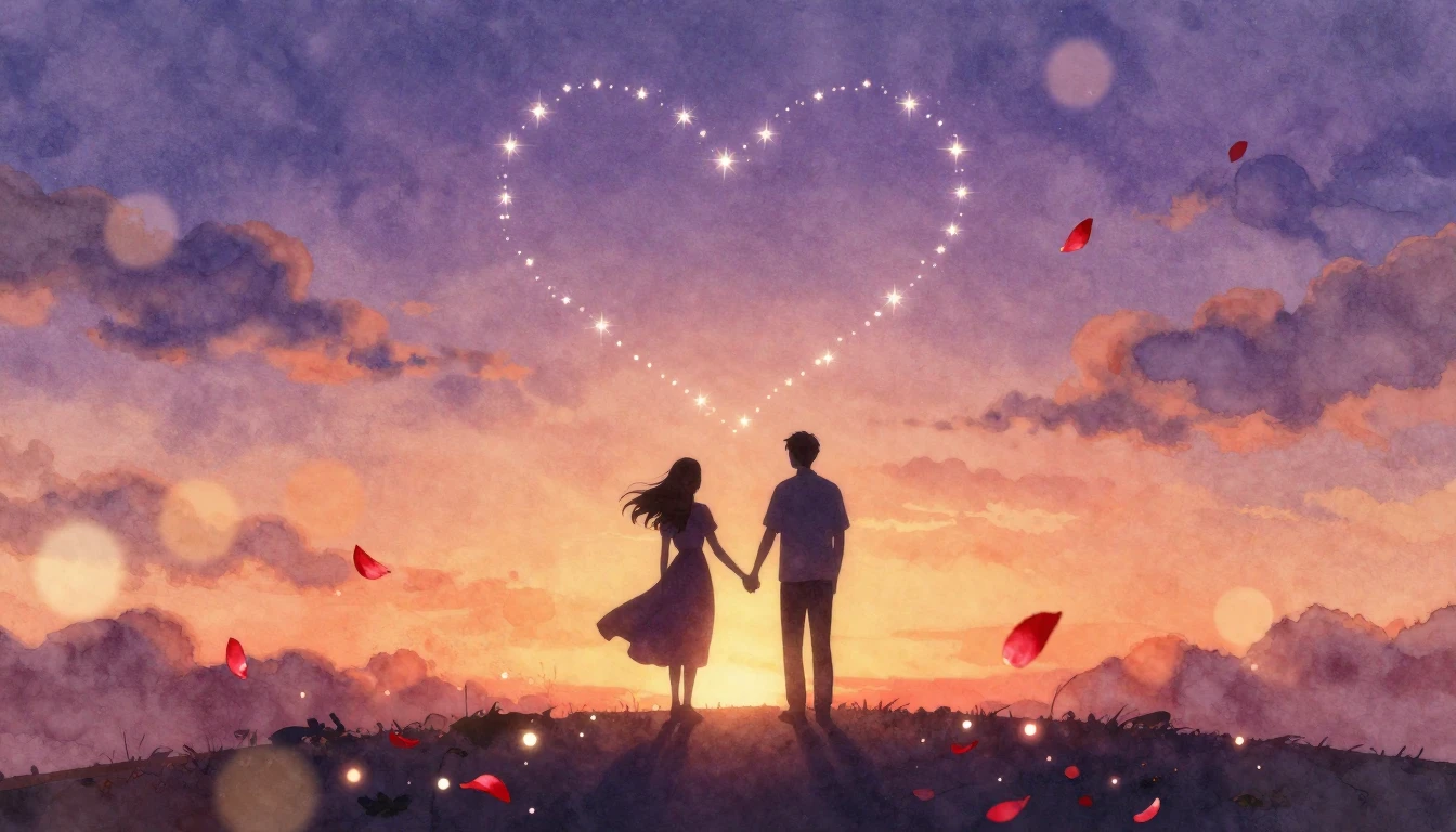 A romantic and dreamy scene featuring two silhouetted figure...