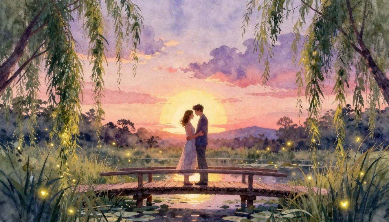 A romantic and ethereal watercolor painting of a couple stan...