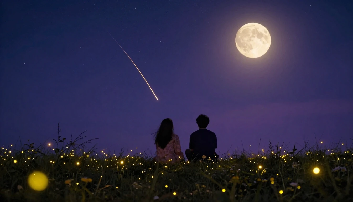 Two silhouettes of friends sitting on a grassy hill under a ...