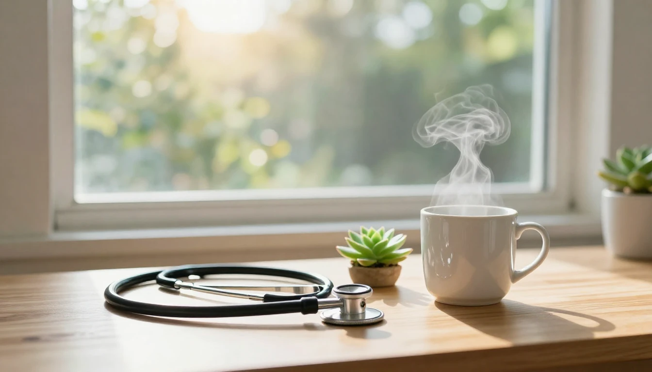 A serene and uplifting scene of a doctor's wooden desk bathe...