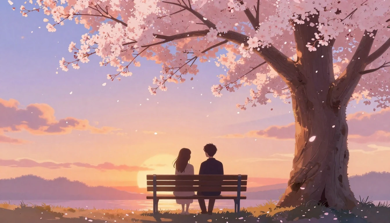 A soft and romantic illustration featuring two silhouettes s...