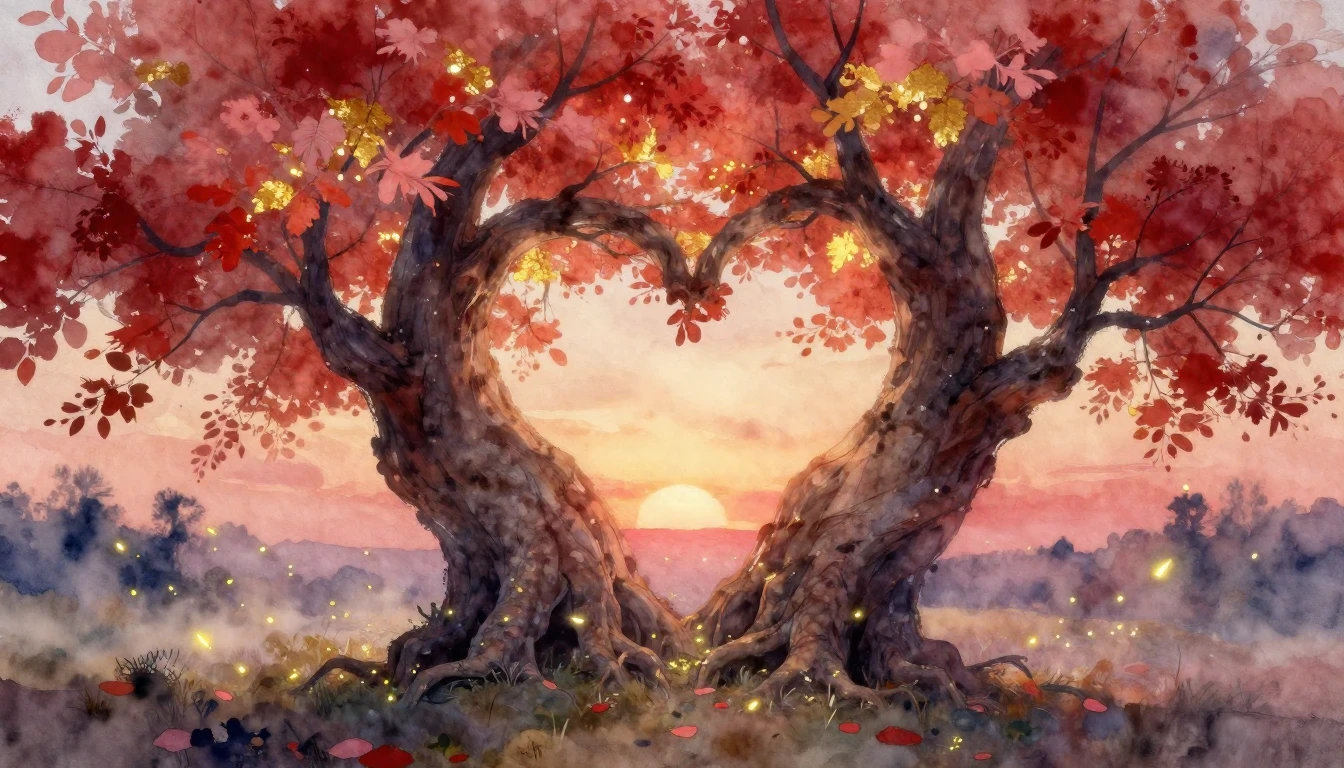 A romantic and ethereal watercolor painting depicting two la...