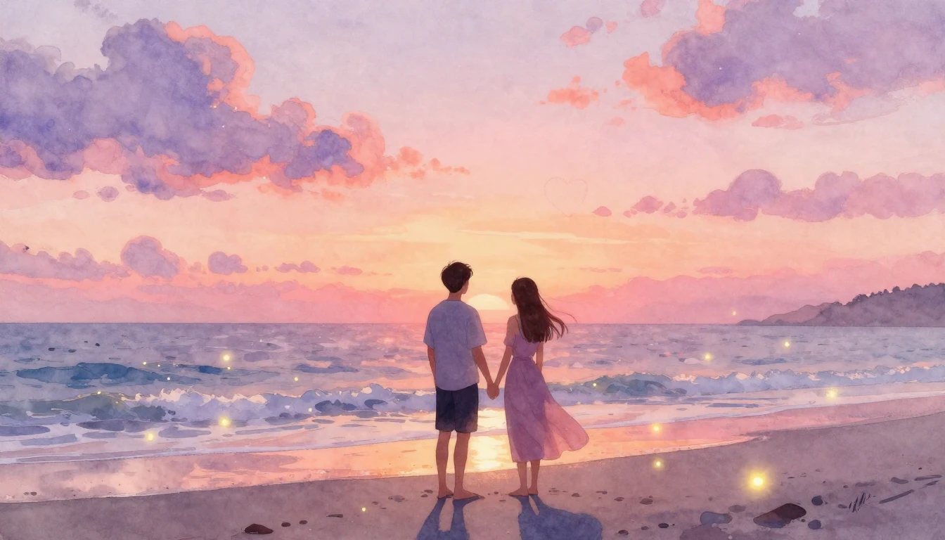 A breathtaking watercolor painting of a romantic couple show...