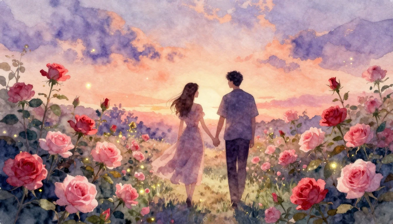 An exquisite watercolor painting of a romantic setting. Two ...