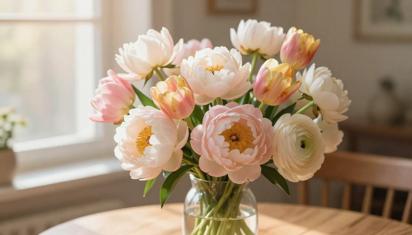 A magnificent and lush bouquet of spring flowers, featuring ...