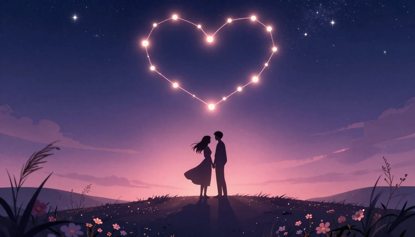 A romantic and dreamy illustration featuring two silhouette ...