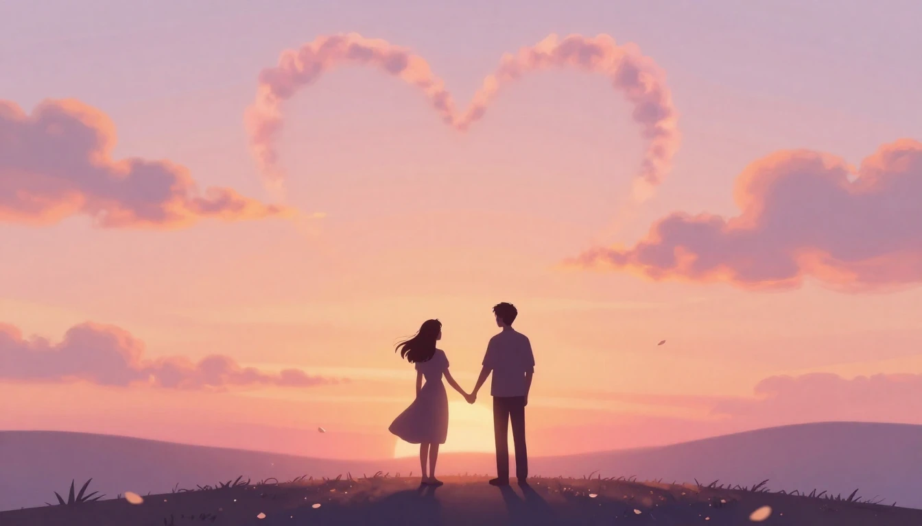 A romantic and dreamy illustration featuring two silhouettes...