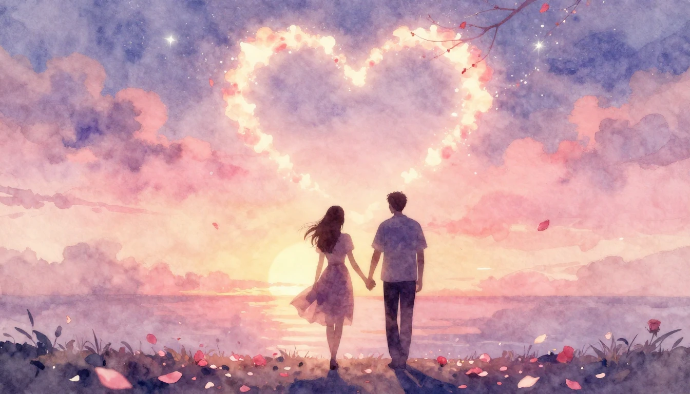 A soft and romantic watercolor painting depicting two silhou...