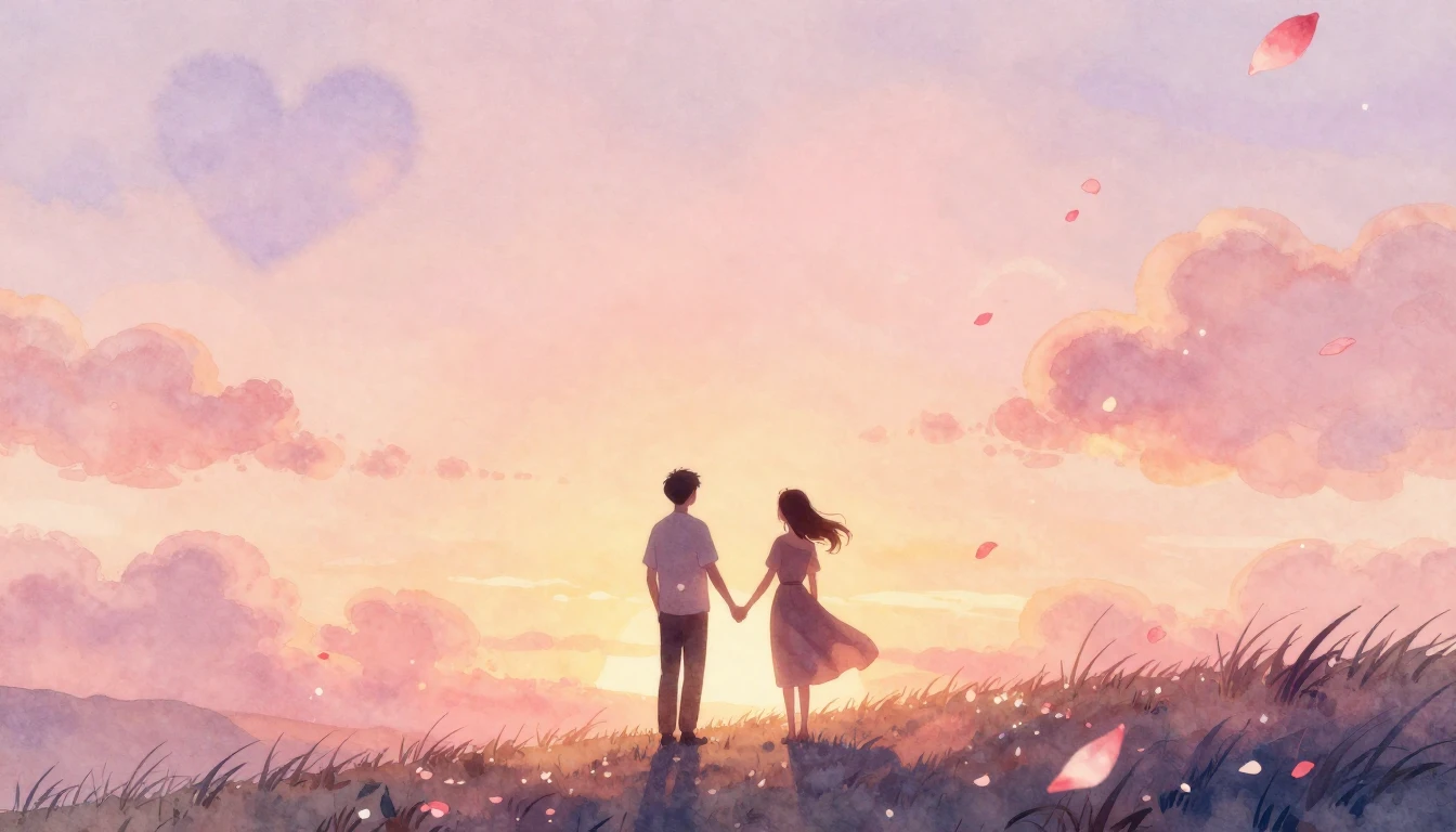 A dreamy and soft watercolor painting depicting the silhouet...