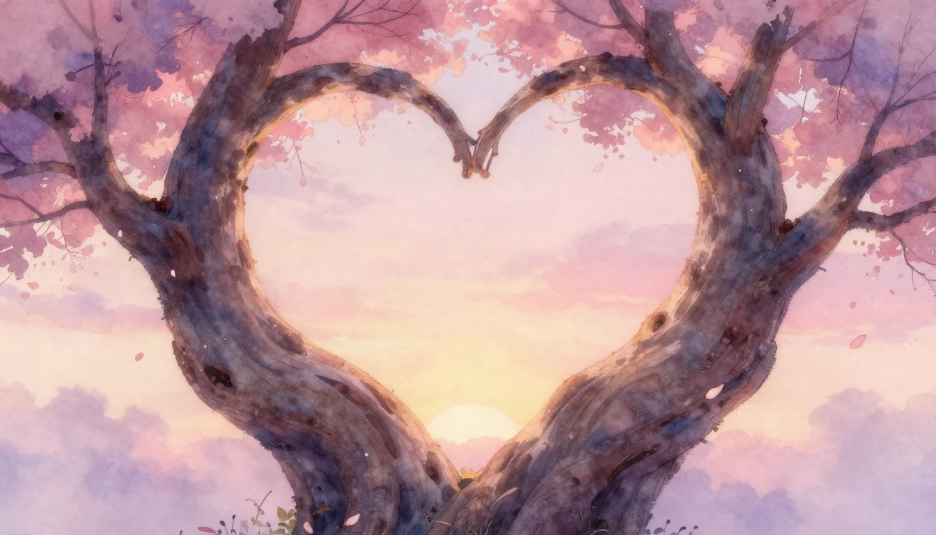 A soft, dreamy watercolor painting depicting two ancient tre...