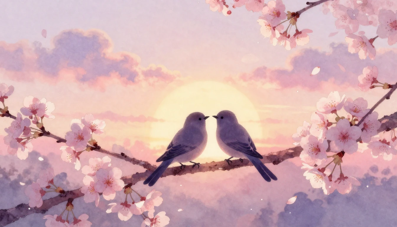 A soft, dreamy watercolor painting depicting a romantic scen...