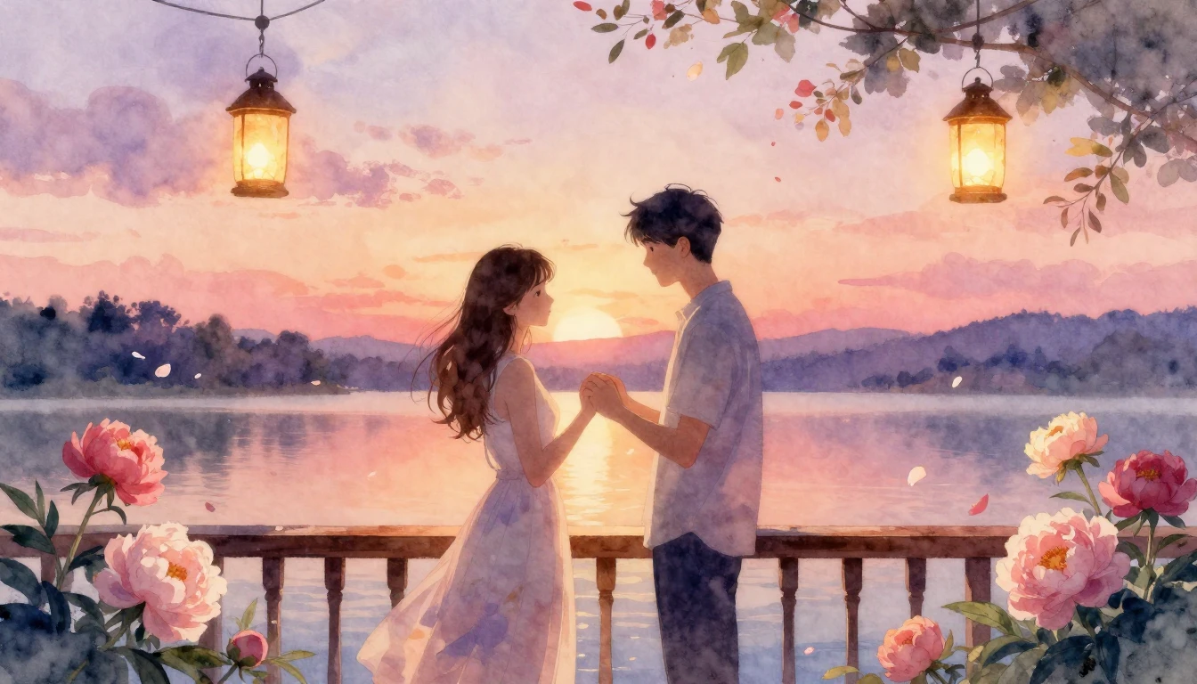 A soft and romantic watercolor painting depicting an intimat...