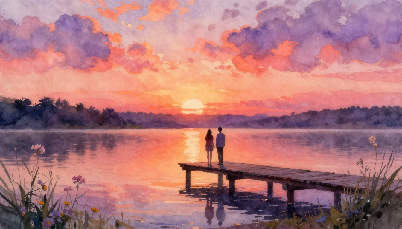A dreamy and romantic watercolor painting of two silhouettes...