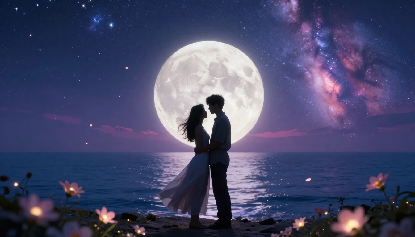 A dreamy and romantic scene depicting a couple silhouetted a...