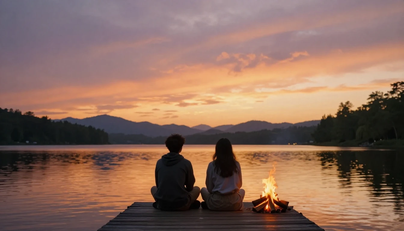 A warm and atmospheric scene of two friends sitting on a woo...
