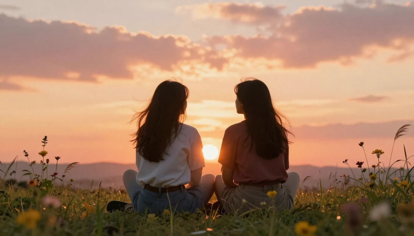 A heartwarming scene of two best friends sitting together on...